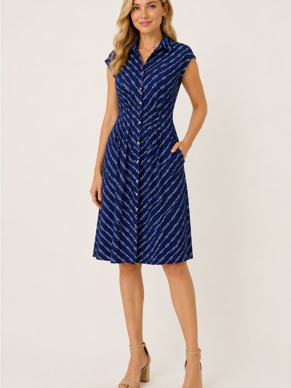 Brooks Brothers Navy Blue Button-Front Cap-Sleeve A-Line Dress